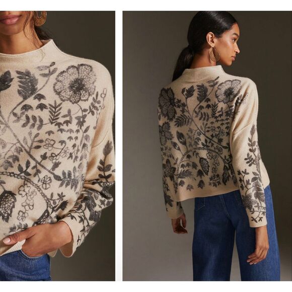 Anthropologie Sweaters - Anthropologie The Alani Cashmere Mock-neck Sweater Beige Floral Pilcro Small